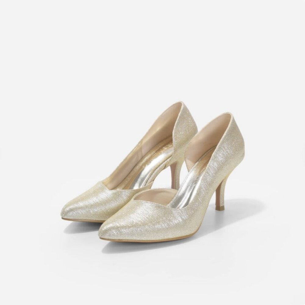 Cynthia Ng Champagne Gold Glitter Bridal Pointed Toe D'Orsay Heels